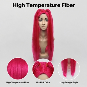 <span class=keywords><strong>Perruque</strong></span> synthétique longue et droite <span class=keywords><strong>rose</strong></span> vif à prix d'usine, avec queues de cheval jumelées détachables, pour costume de personnage d'anime - Product Image 2