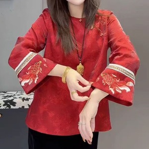Traditional Chinese Red Embroidery Top Koi Pattern Loose Fit New Year Wear Cotton Linen Blend - Product Image 4