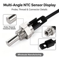 Capteur de température NTC avec sonde en acier inoxydable, interface filetée, connecteur noir, fabrication OEM personnalisée, vente en gros