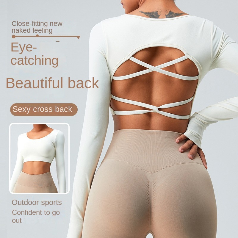 Women's New Long Sleeve Seamless Yoga Top Sexy Backless Cross Beauty Back Quick-Drying Sports Fitness Sport Bra for Outdoor