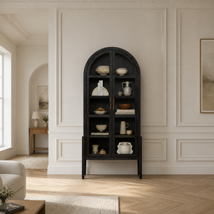 Traditional Arched <b>Solid</b> <b>Wood</b> Display Cabinet with Glass Doors 5 Shelves Living Room Storage Furniture - Product Image 1