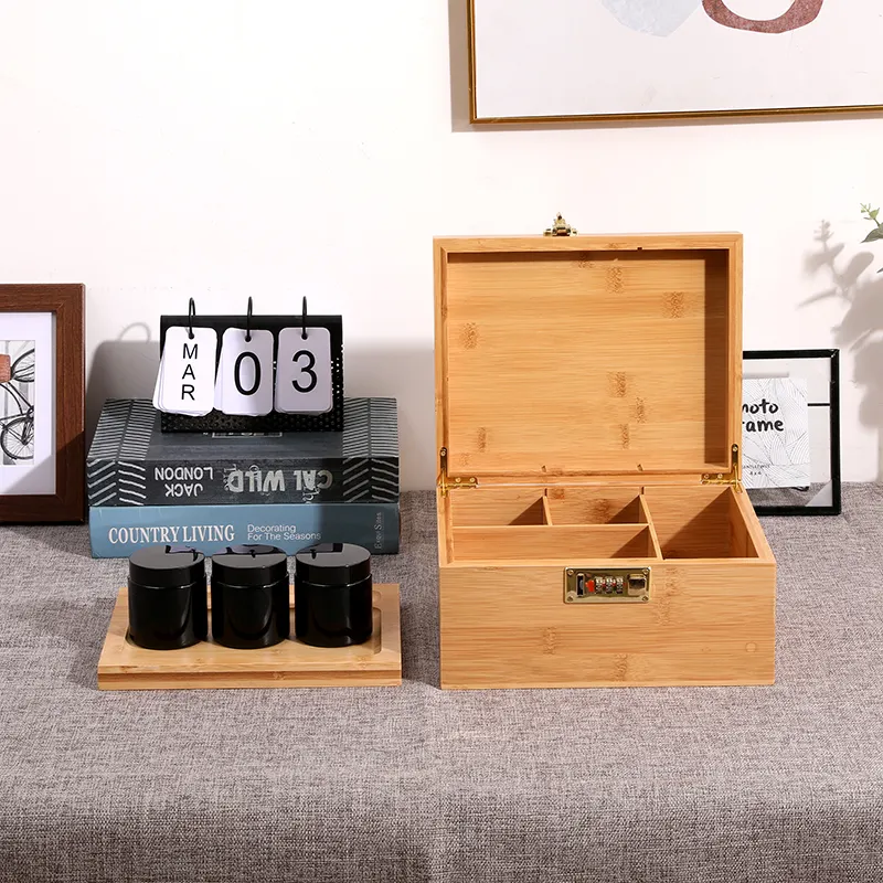 고품질 내구성 휴대용 잠금 포장 선물 상자 뚜껑이있는 2 층 나무 보관 상자