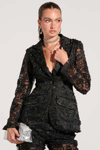 Oem Custom Clothing Manufacturer Black Beading Embroidery <strong>Sheer</strong> Blazer <strong>Jacket</strong> + Wide Leg Pants Trousers Coord 2 Piece Set Women - Product Image 5