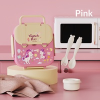 Boîte à lunch carrée en plastique pour enfants, motif dessin animé, compatible micro-ondes, 3 compartiments, pour étudiants, avec fourchette et cuillère