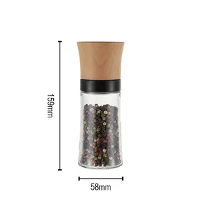 LFGB Commercial manual 150ml Spice Grinder Machine Small Beech Wooden Salt and Pepper Grinder with glass jar
