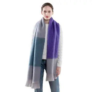 Wholesale products mohair color-blocking luxury scarf cashmere fringe bib rainbow polyester warm knitted scarf