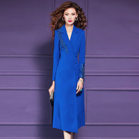 Robe de maternité bleue perlée sur mesure FMY Factory pour femme, style décontracté chic d'affaires, col tailleur, automne-hiver