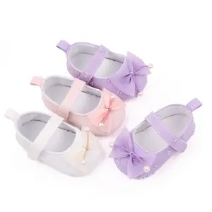 New solid color pearl yarn bow soft soled non-slip princess toddler shoes for baby girls