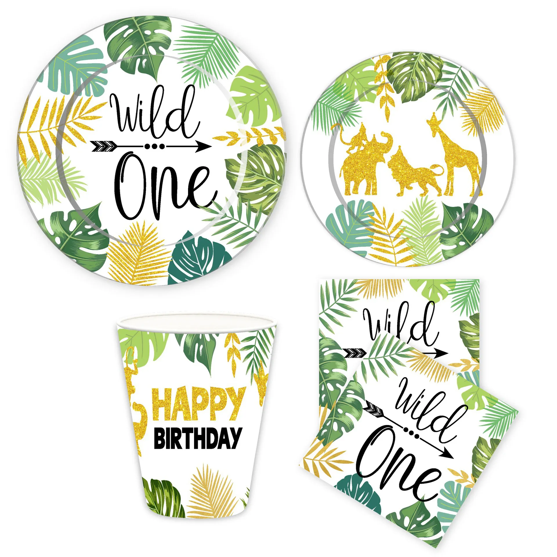 New wild one birthday party flag banner set tableware disposable paper plate paper cup straw knife fork Tableware suit