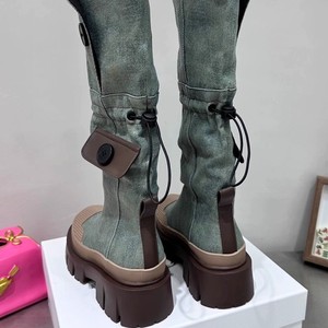 2026 <b>Women</b> Below-Knee Long Riding Boots Genuine Leather Washed Denim Combo Platform Thick Sole Slimming High Shaft Knight Boots - Product Image 2
