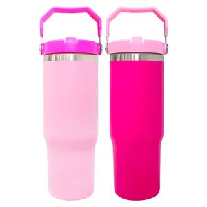 Flip Straw Water <b>Bottle</b> <b>Pink</b> 30Oz Tumbler Power Coated Travel Mug With Handle and Lid - Product Image 1