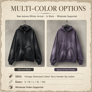 Men Oversized Zip Up Hoodie Vintage <b>Spray</b> Dyed Cotton <b>Fabric</b> Streetwear Jacket Raw Edge Faux Double Pocket Wholesale OEM - Product Image 2