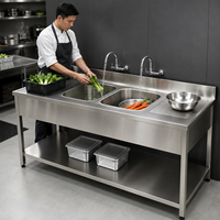 Évier commercial double bac autoportant personnalisable en acier inoxydable 304 avec égouttoir, portes coulissantes et revêtement autonettoyant brossé