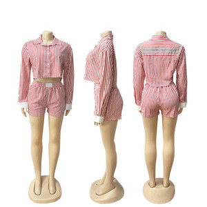 Ensemble rayé tendance pour <span class=keywords><strong>femme</strong></span> : hauts chemisiers à manches longues et shorts – Collection été 2026 – Deux ensembles 2 pièces - Product Image 6