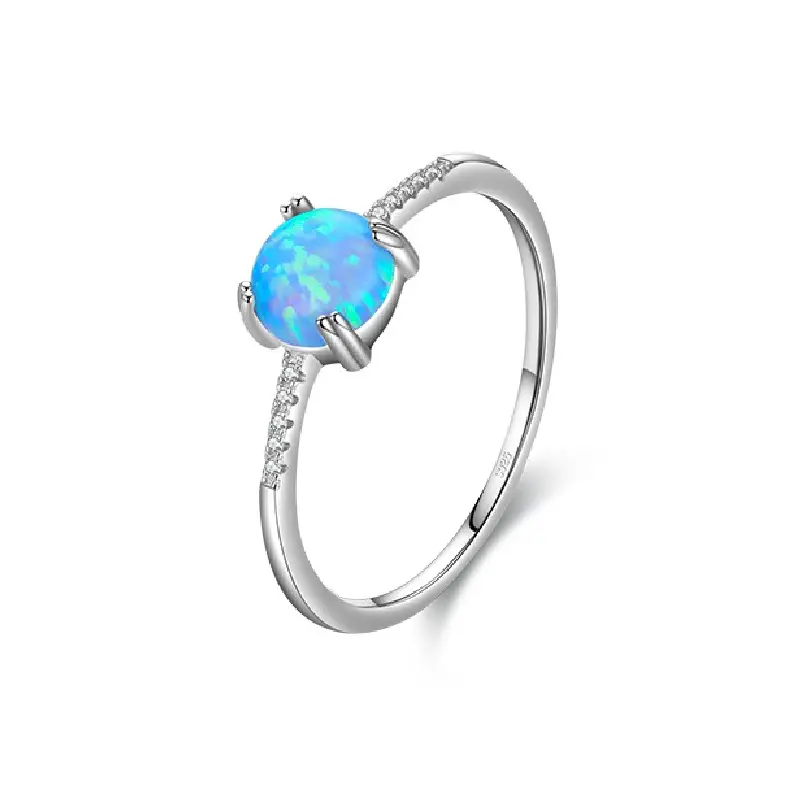 Fashion Dainty Trendy 925 Silver Custom Jewelry Rhodium Plated Round Synthetic Opal Cubic Zirconia Ring For Women