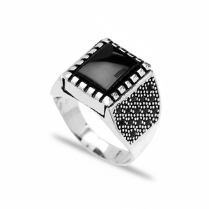 Square Onyx Gemstone Round Black Zircon Stone Design Ottoman <b>Men's</b> <b>Ring</b> Turkish Handmade Wholesale Authentic <b>Silver</b> <b>Men</b> <b>Ring</b> - Product Image 2