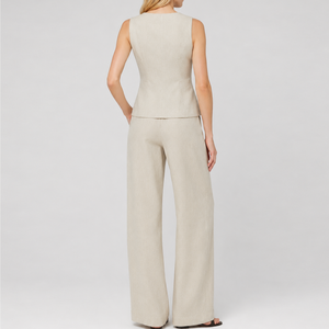 Completo <span class=keywords><strong>Donna</strong></span> in <span class=keywords><strong>Lino</strong></span>: Gilet Senza Maniche con Bottoni e Pantaloni a Gamba Larga, Outfit Due Pezzi Personalizzabile - Product Image 2