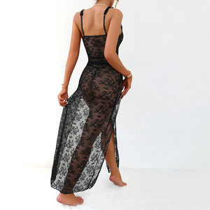 Women Sexy <strong>Black</strong> Lace Sheer Open-Back Strapless Lingerie Dress High Slit Figure-Hugging Net Fabric <strong>Nightdress</strong> Plus Size - Product Image 5