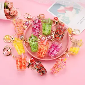 Fruit Glitter Keychain Pentagram Quicksand Keyring Floating Liquid Bottle Shape Key Chain Backpack Pendant Couples Women Gifts