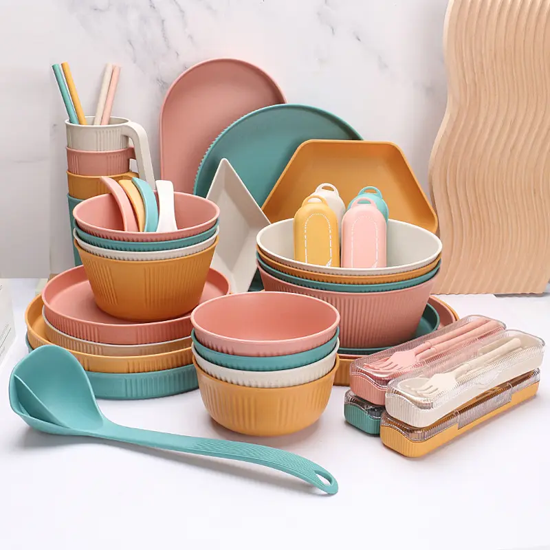 Wholesale custom wheat straw soup rice bowls and food dinner plates cup set fiber tableware sets