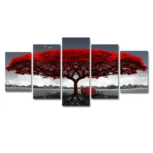 Red Big Tree Quintet Modern Family Living Room Decorative Canvas Painting Unframed Canvas