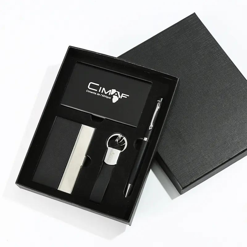 Yüksek kalite özel logo markalaşma lüks taşınabilir şarj cihazı kalem anahtarlık ve kart tutucu VIP kurumsal hediye seti