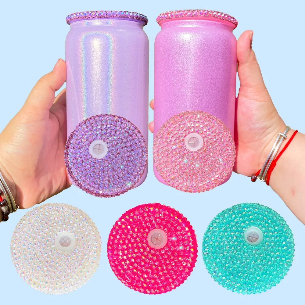 customized rhinestone 16oz colored plastic straw replacement bling lid for 12oz 15oz double wall snow globe and 16oz 20oz glass