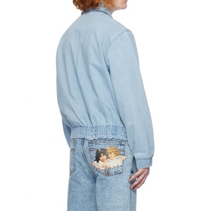 Veste en jean bleu clair personnalisée 100% coton à fermeture éclair sur le devant, coupe slim, veste bomber en jean pour homme - Product Image 3