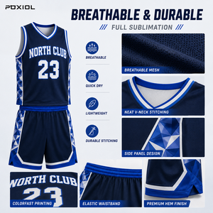 Tenues de basketball personnalisées Poxiol : Ensemble maillot et short sublimés avec logo, nom et numéro d'équipe pour les commandes en gros des équipes scolaires, des clubs et des équipes jeunes. - Product Image 3
