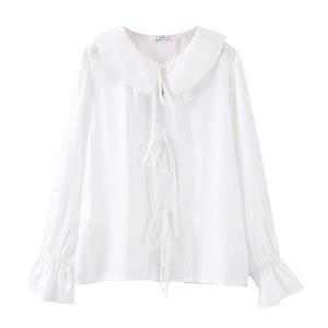 Chemisier blanc pour femme N7175 avec nœud papillon, manches bouffantes, en coton, couleur unie, pour usage quotidien, grande taille, haut pour femme - Product Image 5