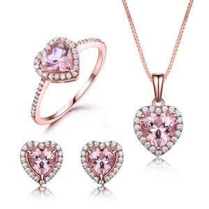 Hot Selling Fine Jewelry 925 Sterling Silver High Quality Diamond Ring Pink Zircon Heart Wedding Silver Necklace Jewelry Set