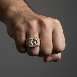 Bague de cocktail de luxe en or jaune avec diamants de laboratoire taille baguette sertis pavé, design géométrique, bijoux de fête unisexe - Product Image 2