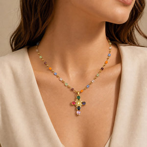 Collier Pendentif Croix Bohème en Cuivre Micro-Incrusté de Zircons, Perles Colorées, Bijoux Tendance pour Femme - Product Image 3