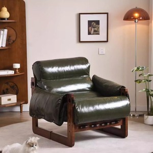 Fauteuil de relaxation individuel en bois massif, style rétro de luxe, en cuir, pour salon et balcon - Product Image 5