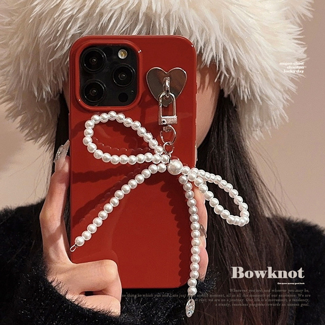 Pearl Bow Pendant Magnetic Ins Style TPU Phone Case with Holster for for 17/15 Pro Max/11 Princess Style New Year Red