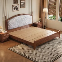 Massivholz-Plattformbett, Vintage Chinesisches Gelenkbettgestell mit Gebogenem Gepolstertem Kopfteil, Queen/King-Size für Schlafzimmer