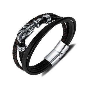 Benutzer definierte Herren Edelstahl Feder Charm <span class=keywords><strong>Black</strong></span> Layers Leder Armband mit Schnalle - Product Image 1