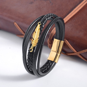 Men's Multi Layer <b>Leather</b> <b>Bracelet</b> With Gold Feather Charm Magnetic Clasp Retro Style Jewelry For Casual Wear - Product Image 1