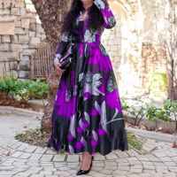 Robe longue à imprimé floral pour femmes grandes tailles, manches longues, taille haute, coupe évasée, robe de soirée élégante pour femmes africaines