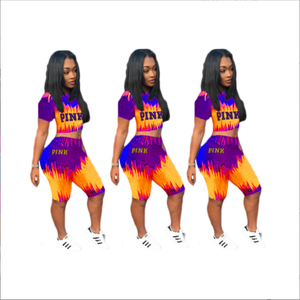 Ensemble décontracté deux pièces pour femmes Tie-Dye imprimé Orange jaune rose au-dessus du genou tenue courte avec motif de grattage - Product Image 6