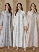 Robe Abaya ample à manches longues pour femmes, col en V, broderie géométrique, détail de pompons, décontractée, respirante, modeste, en polyester