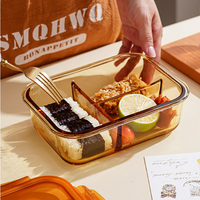 Boîte à bento rectangulaire en verre borosilicate de haute qualité, 1040 ml, couleur ambre, compatible micro-ondes, avec couvercle en plastique sans BPA, anti-fuite, réutilisable et chauffable