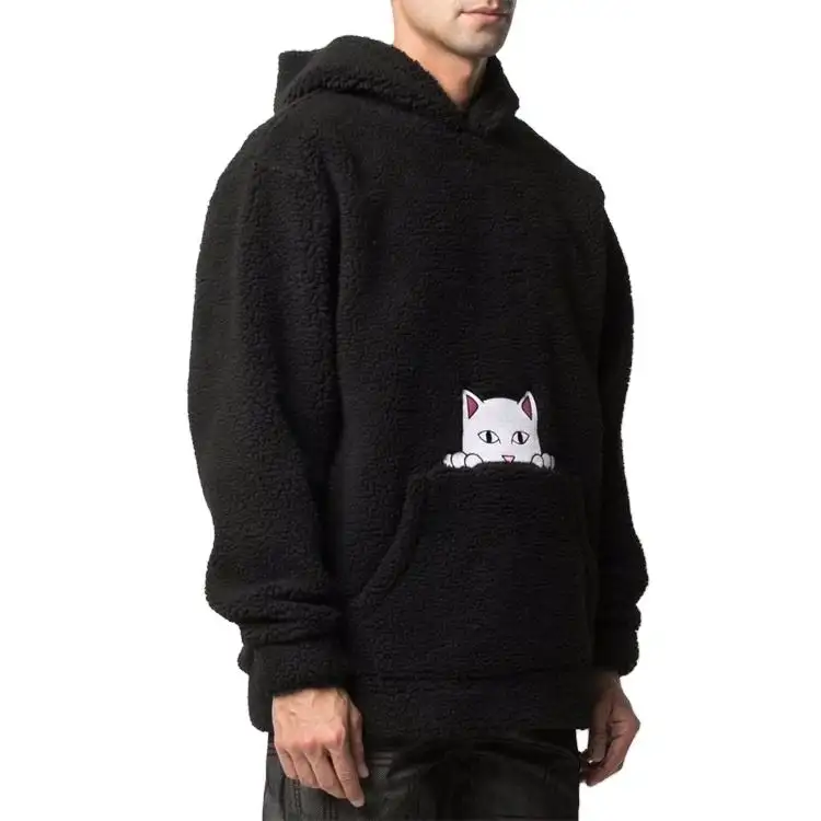 New custom cat pocket printed winter warm black classic cotton fleece sherpa hoodie for men