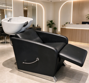 Modern Black Semi-<b>Reclining</b> <b>Leather</b> Shampoo <b>Chair</b> with Ceramic Basin for Salon Hair Washing Commercial Barber Use - Product Image 1