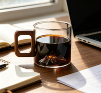Tasses en verre borosilicate de 200 ml (6,5 oz) en forme de montagne avec poignée en bois pour le thé et le café, idéales pour la maison et le bureau