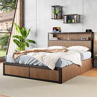 Lit de rangement moderne Queen Size avec tête de lit en bois de chêne, 4 tiroirs de rangement, port de charge USB, structure en acier robuste, design plateforme, facile à monter