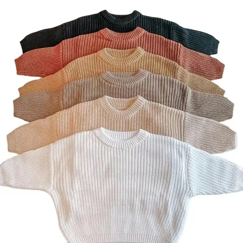 Anpassung Bio-Baumwolle Kinder pullover Übergroße klobige Strick pullover Rundhals ausschnitt Kleinkind Kinder Mädchen Pullover