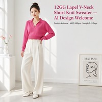 Pull en maille court à col en V et revers 12GG personnalisé OEM pour femme, vente en gros, marque privée, faible MOQ, échantillon rapide, tricot en vrac