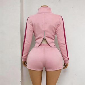 Set Estivo da Donna Personalizzabile con Logo, Giacca con Colletto Alto e Zip a Manica Lunga e Pantaloncini, Basso MOQ, Disponibile in Misto Nylon e Cotone - Product Image 4