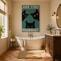 Impression sur toile murale amusante pour salle de bain, motif 'Est-ce que tu fais caca?', style rétro vintage, yeux de chat noir, décoration humoristique, cadeau pour toilettes